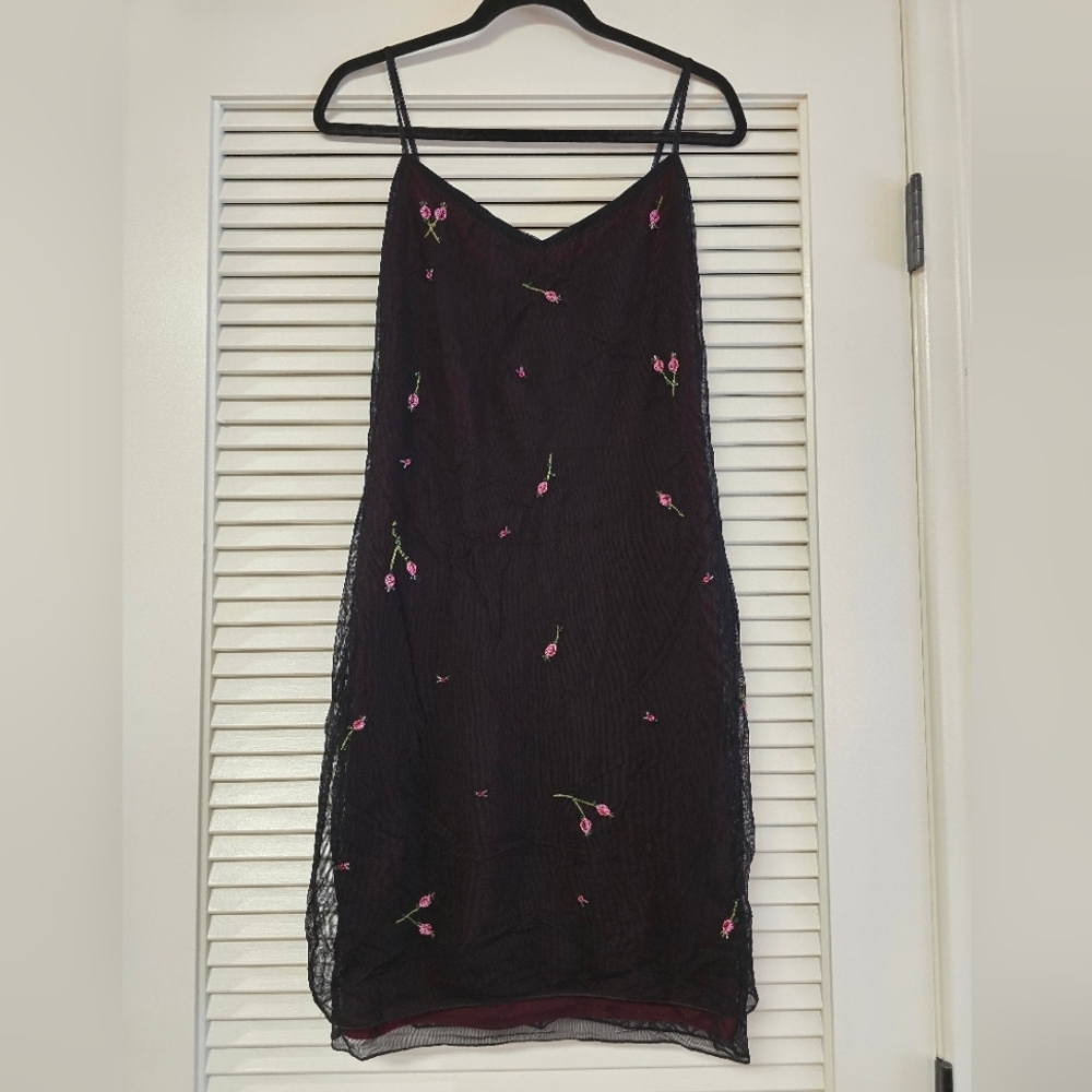 Laundry by Shelli Segal - Rare Vintage 90s Embroidered Beaded Rose Slip Dress
